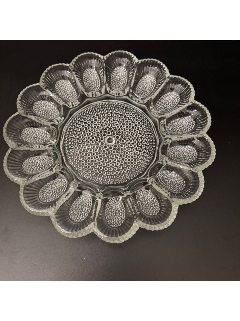 Vintage Glass Deviled Egg Plate Crystal Clear Round Scalloped Design 12 Egg Slot